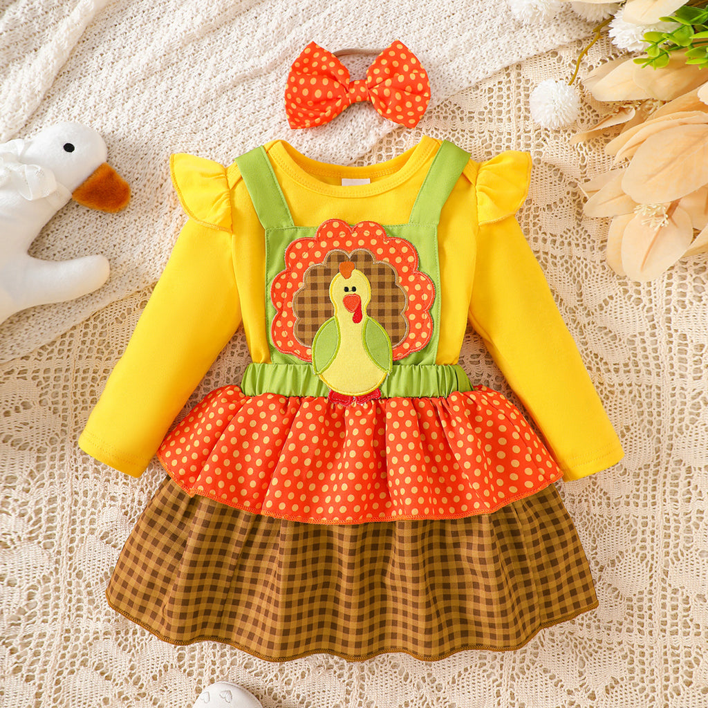 Girls' Holiday Outfit Set with Flutter Sleeve Romper Plaid Overalls Dress, Thanksgiving Children's Clothing Set