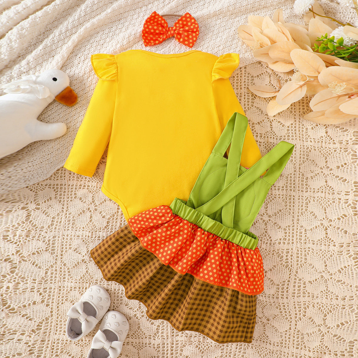 Girls' Holiday Outfit Set with Flutter Sleeve Romper Plaid Overalls Dress, Thanksgiving Children's Clothing Set