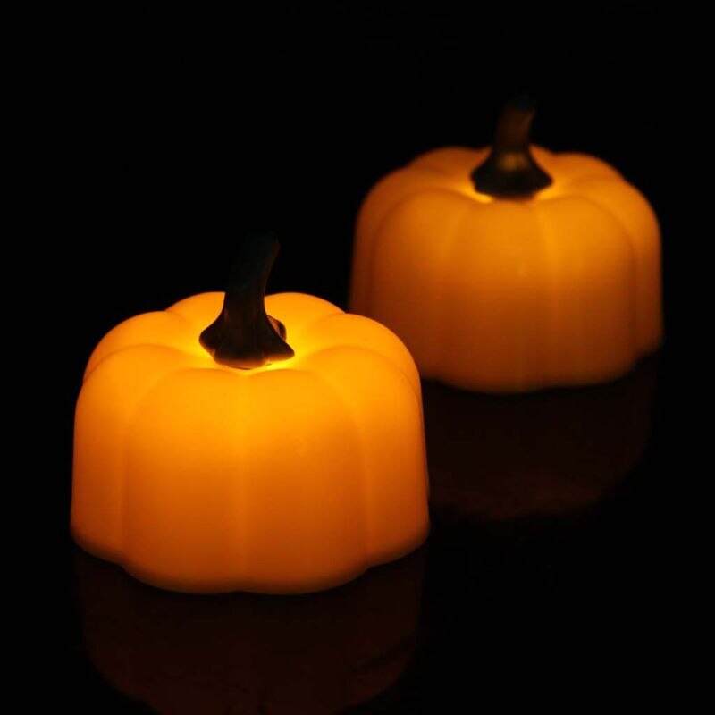 12Pcs 3D Pumpkin Battery Operated LED Electric Candle Light Flameless Tealights Flickering Halloween Festival Party Decoration