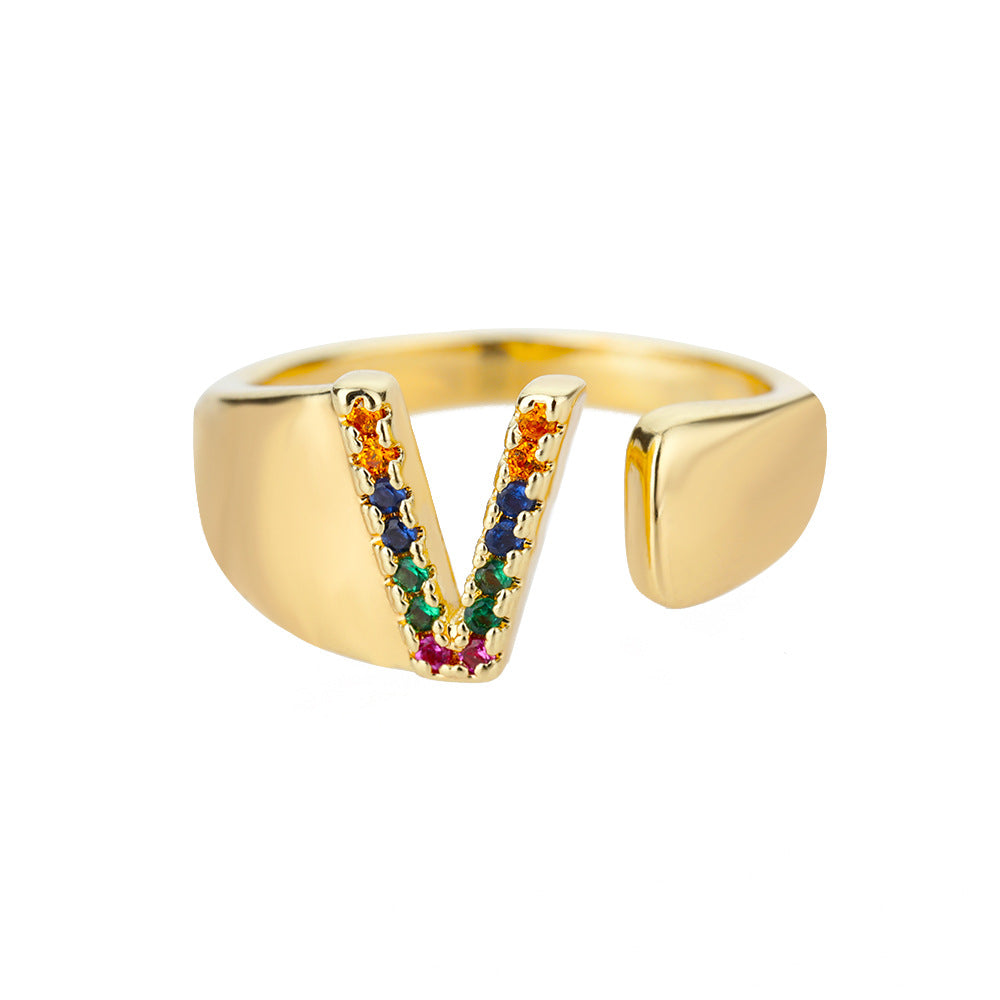 18K Gold Plated Micro Pave Colorful Zircon Letter Ring with 26 Letters Open Design