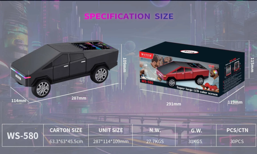 WS-580 New Cybertruck Car Shaped Wireless Bluetooth Speakers with TF USB FM TWS Selfie LED Colorful Light Type C Charging