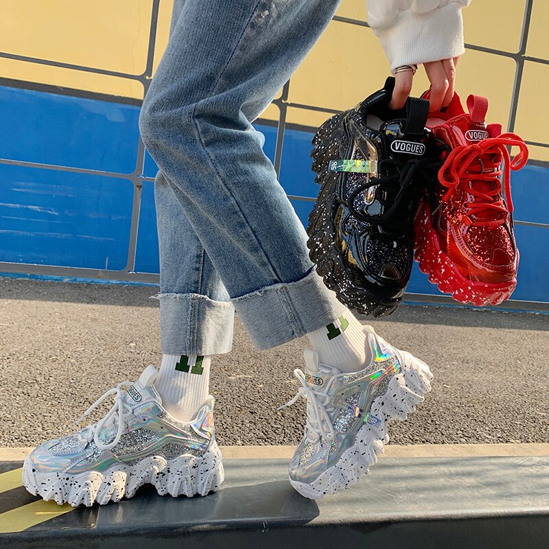 Sneakers Women Autumn Fashion Sequined Cloth Bling Breathable Round Toe Leisure Chunky Women Shoes Tenis Feminino TUINANLE
