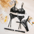 Cross-border  Sexy Lingerie Temptation Set Seductive French Eyelash Lace Hollow-out Bra Garter Belt Four-piece Set