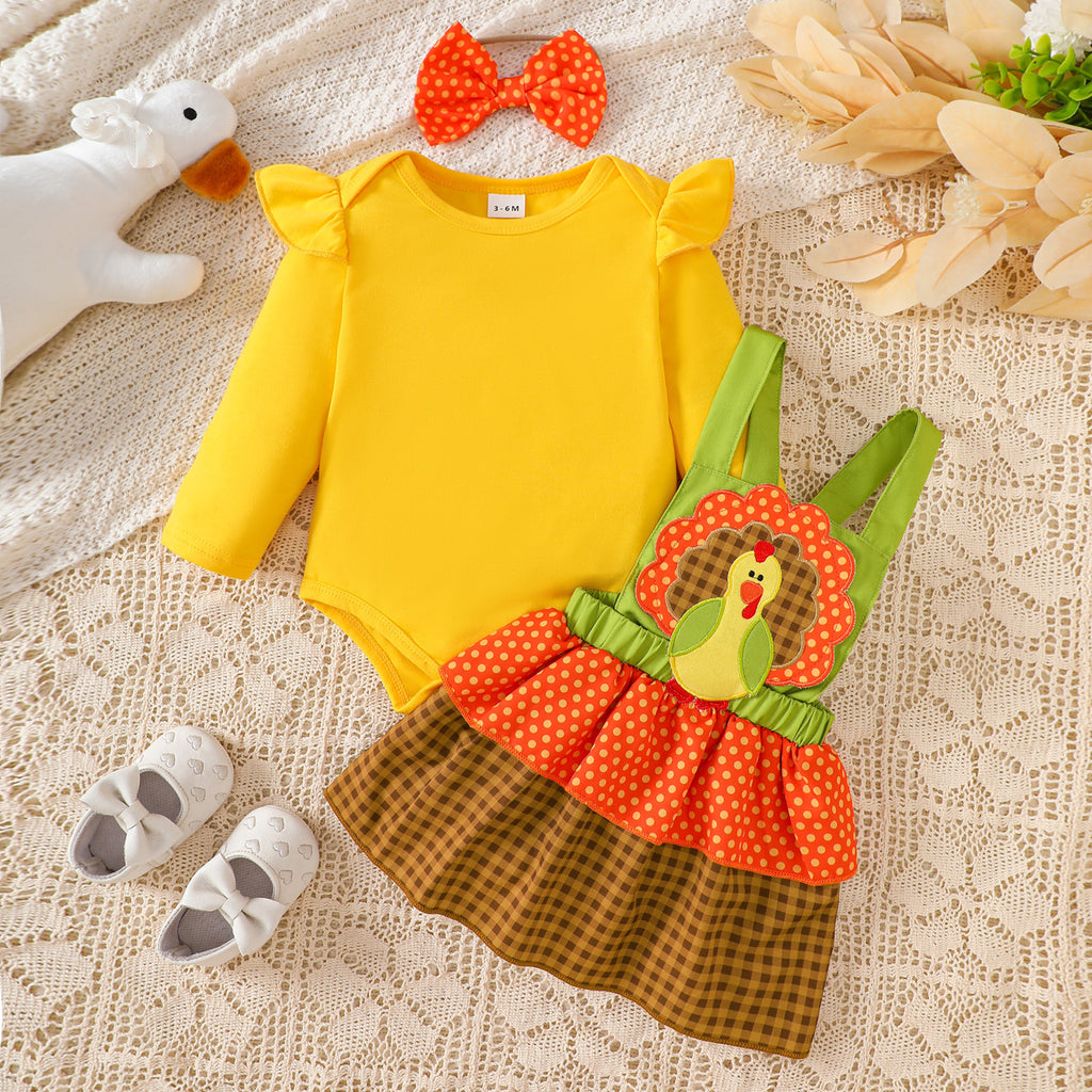 Girls' Holiday Outfit Set with Flutter Sleeve Romper Plaid Overalls Dress, Thanksgiving Children's Clothing Set
