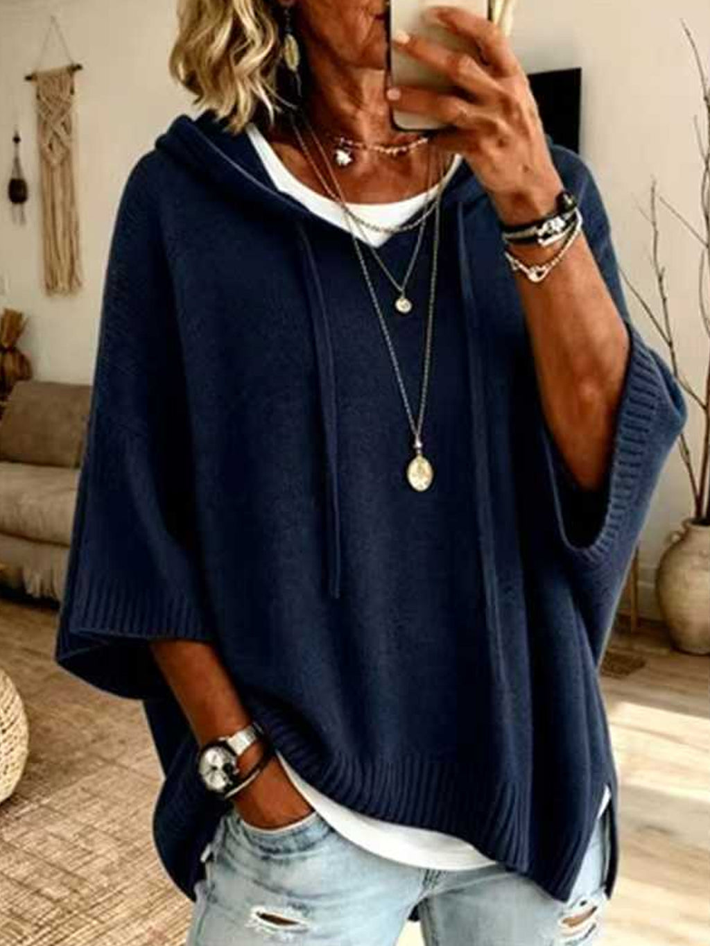 Women's Autumn/Winter New Style Casual Solid Color Hooded Knit Sweater Set