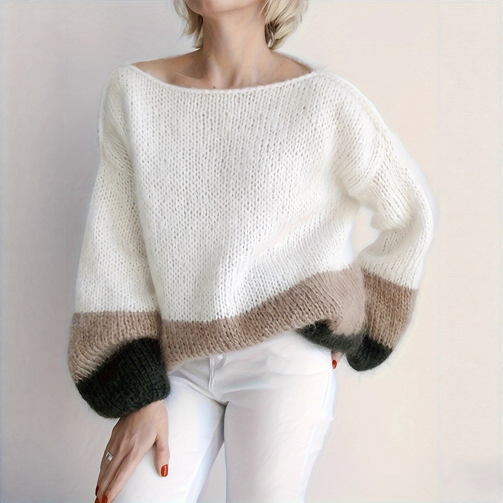 Chic Color-Blocked Loose Knit Sweater with Round Neck, Soft and Cozy, Casual Autumn/Winter Pullover