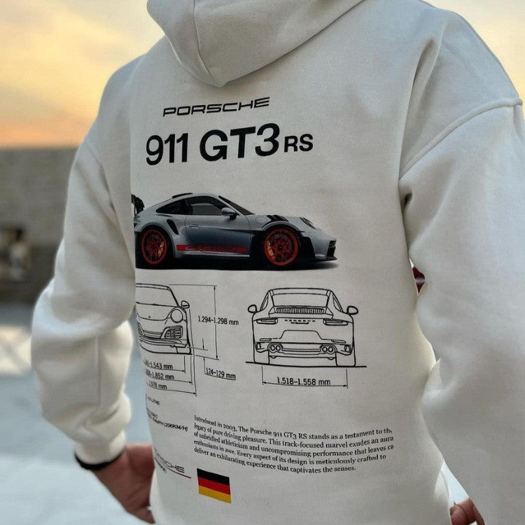Casual Car Print Hoodie for Men with Heart Pattern, Trendy Hooded Sweatshirt