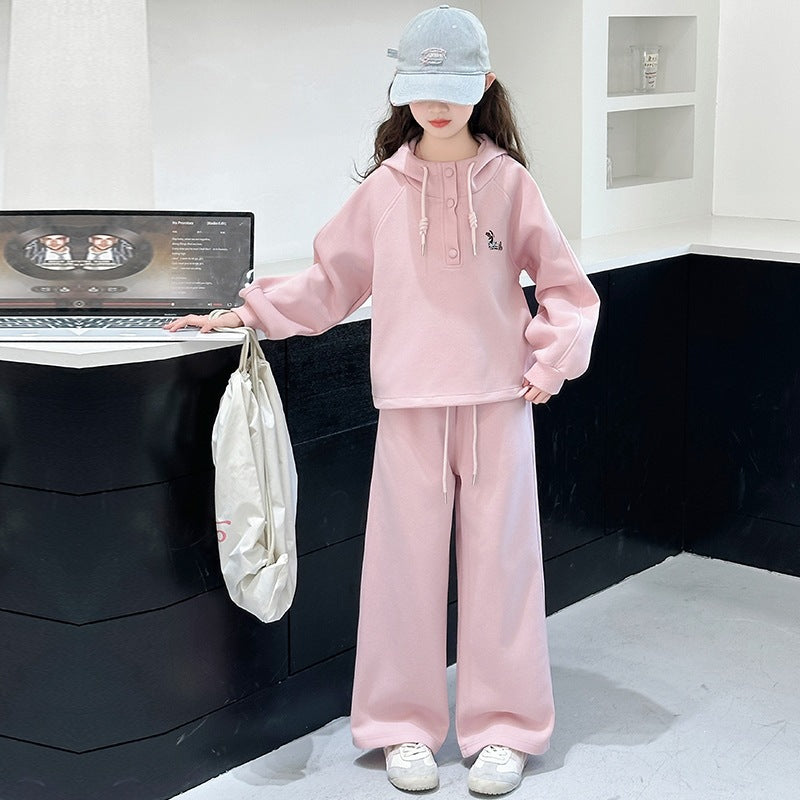 Girls' Casual Hoodie Outfit Set, Two-Piece Sporty Suit for Kids