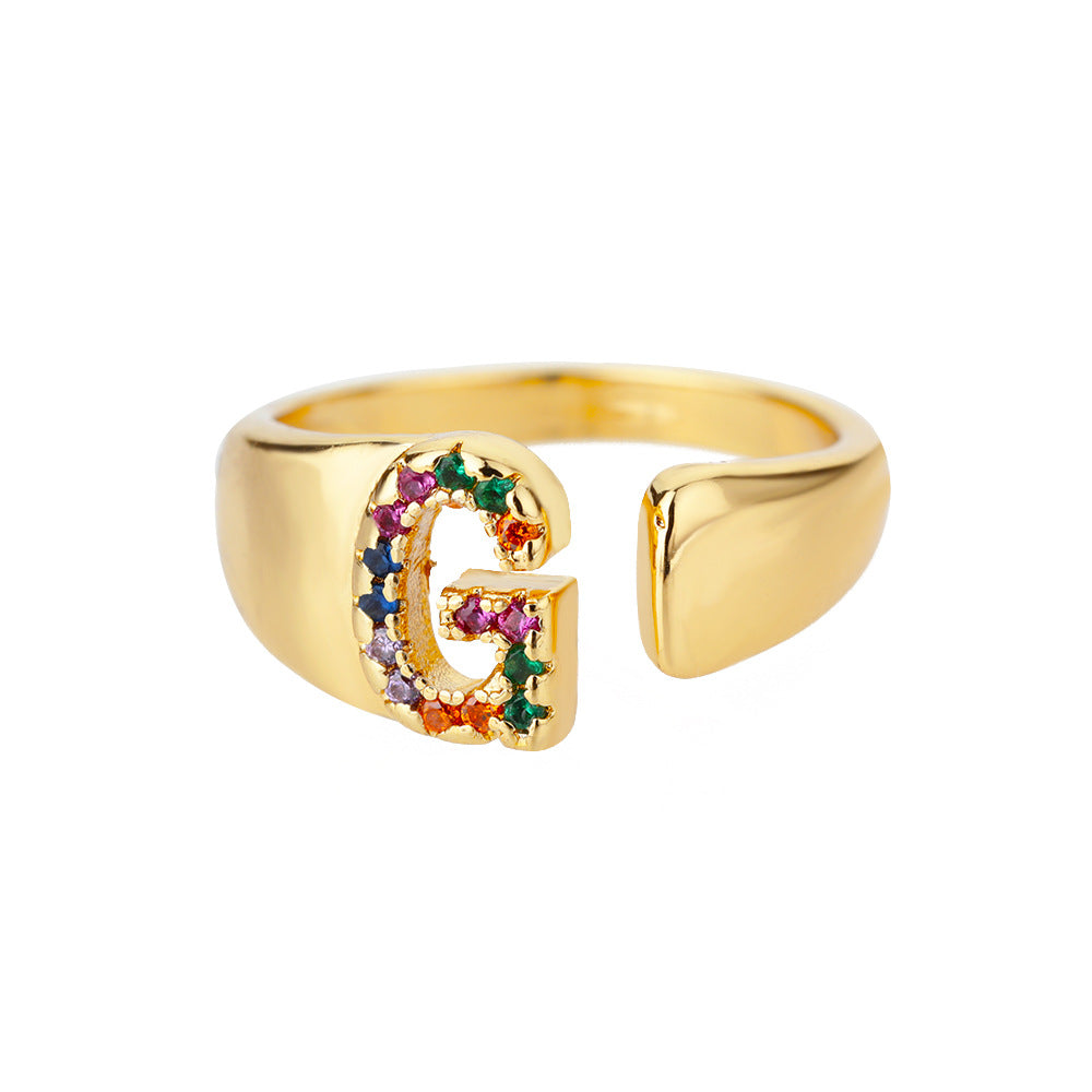 18K Gold Plated Micro Pave Colorful Zircon Letter Ring with 26 Letters Open Design