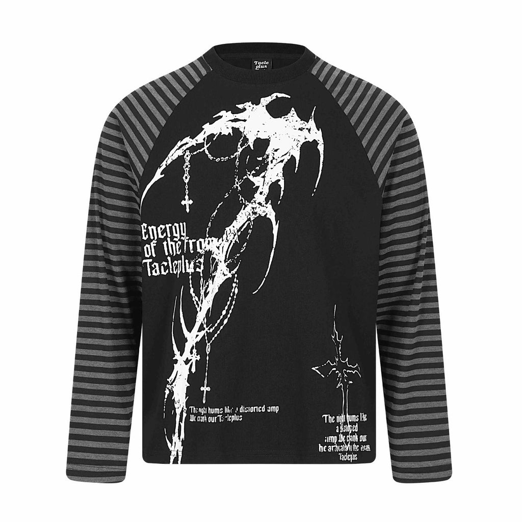 Gothic Dark Scythe Subculture Shoulder Seam Stripe Long Sleeve T-Shirt
