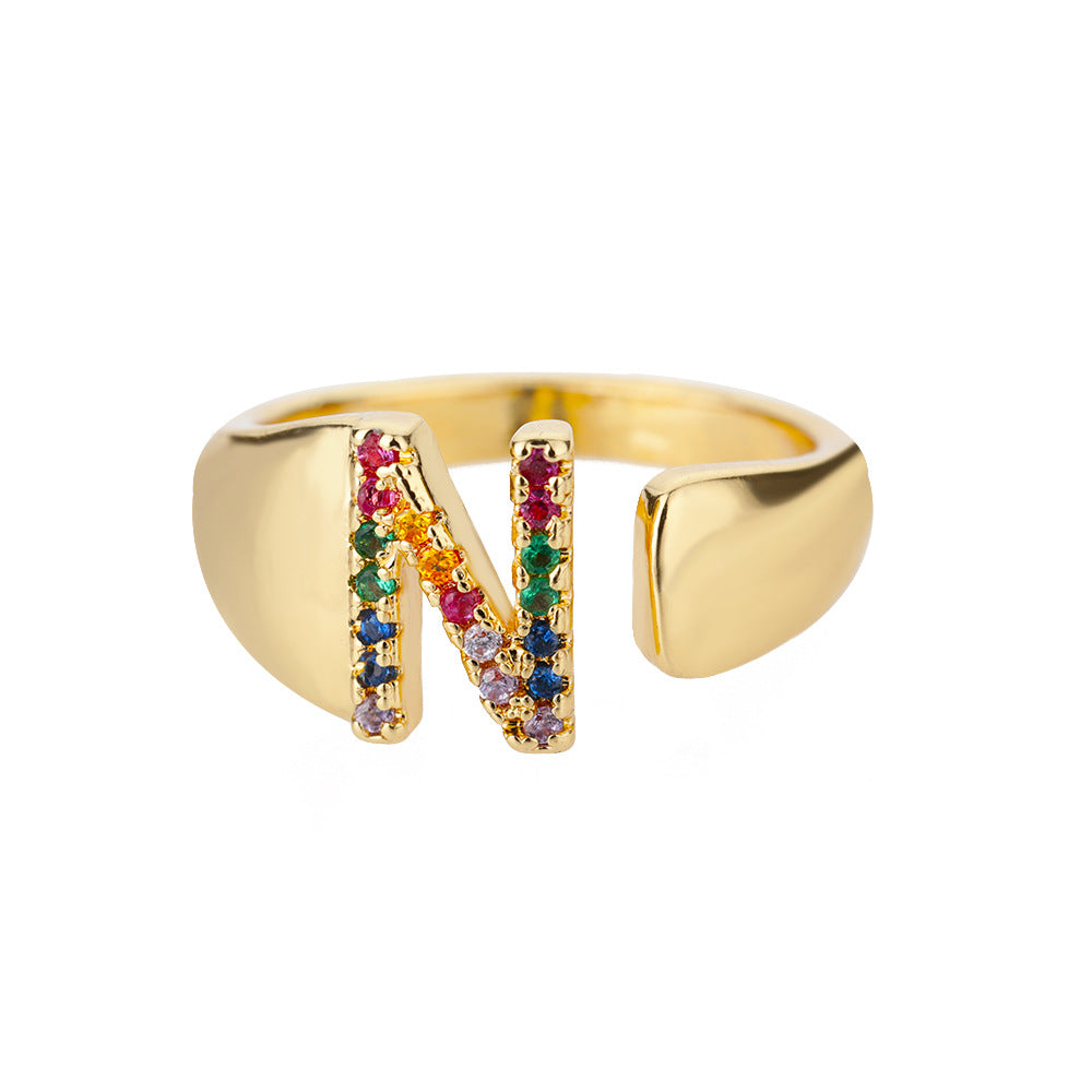 18K Gold Plated Micro Pave Colorful Zircon Letter Ring with 26 Letters Open Design