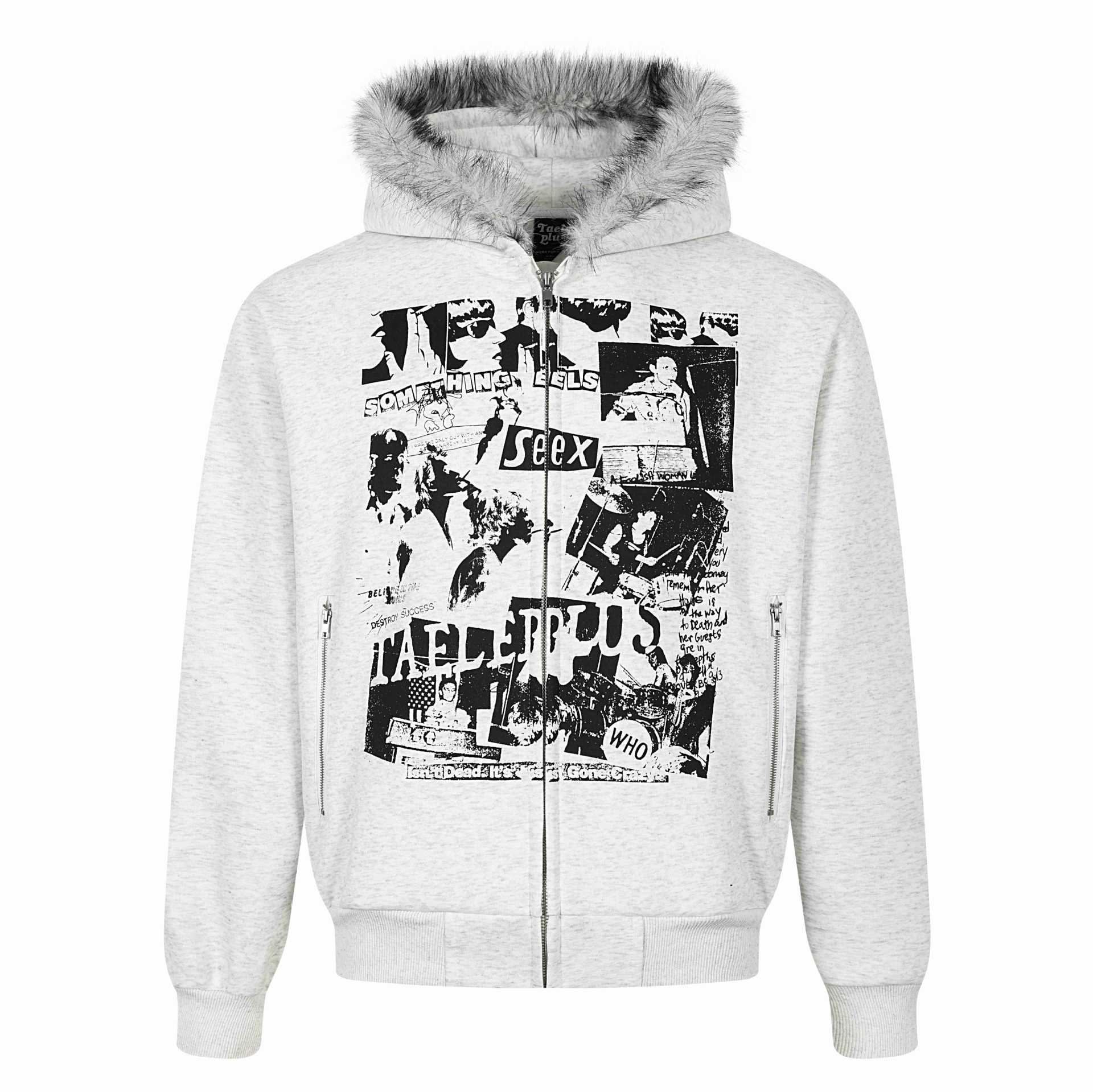 Print Long Faux Fur Hooded Zip-Up Hoodie for Men