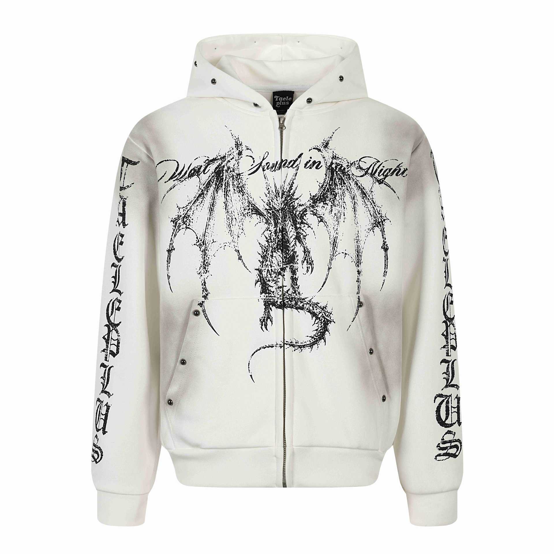 Dyed Spray Paint Stud Print Distressed Washed Hooded Zip-Up Sweatshirt