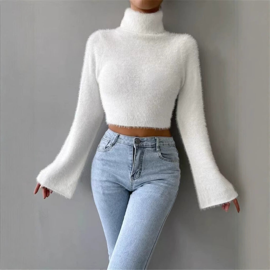 Fall Winter Women's Sweater High Neck Short Length Long Sleeve Solid Color Knit Crop Top