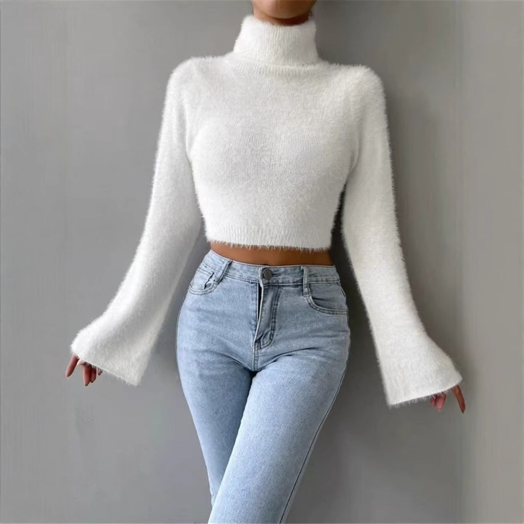 Fall Winter Women's Sweater High Neck Short Length Long Sleeve Solid Color Knit Crop Top
