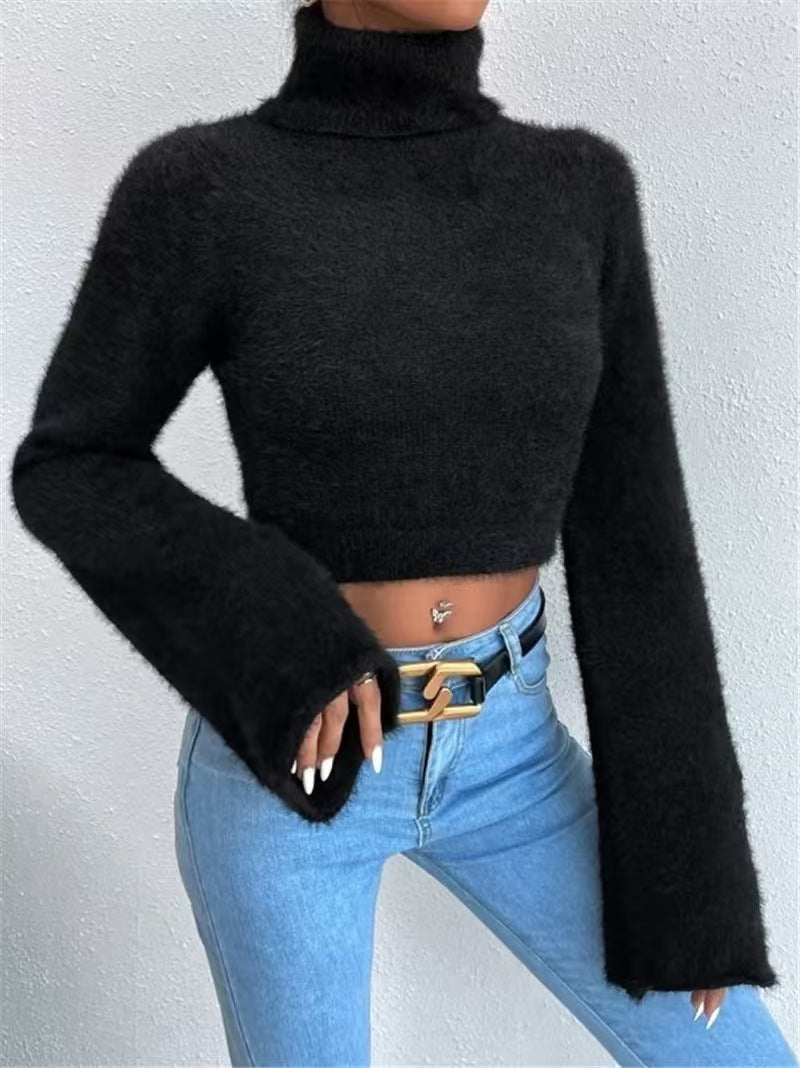Fall Winter Women's Sweater High Neck Short Length Long Sleeve Solid Color Knit Crop Top