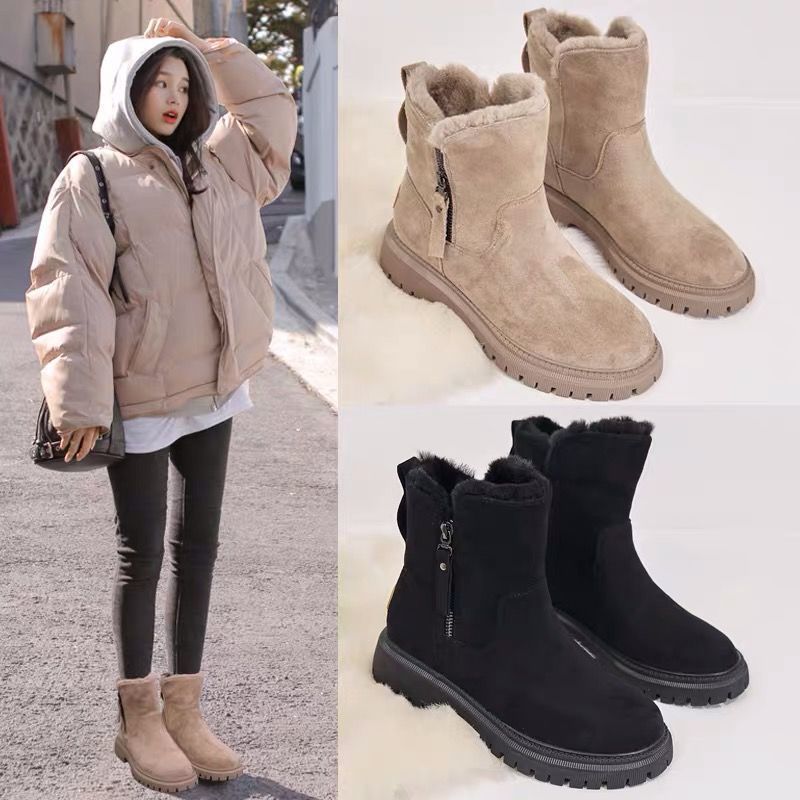 Winter women's boots with thick and warm cotton shoes and fur integrated in the middle tube and velvet