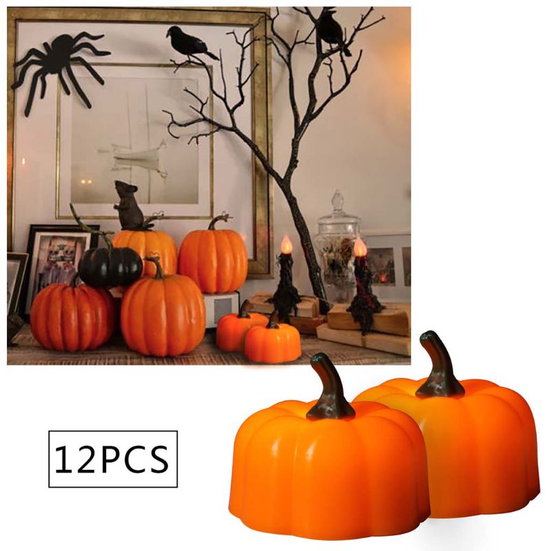 12Pcs 3D Pumpkin Battery Operated LED Electric Candle Light Flameless Tealights Flickering Halloween Festival Party Decoration