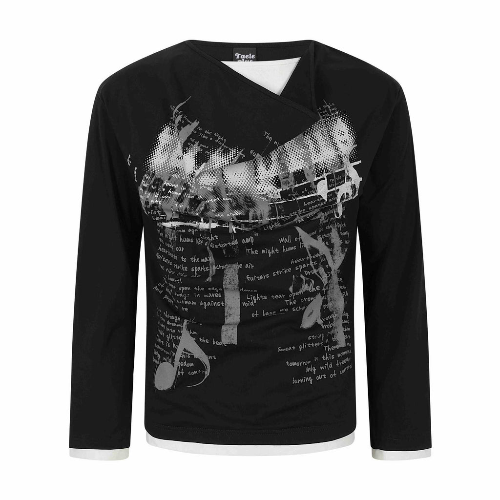 Print High Neck Mock Two-Piece Long Sleeve T-Shirt Men American Street Style Fashion