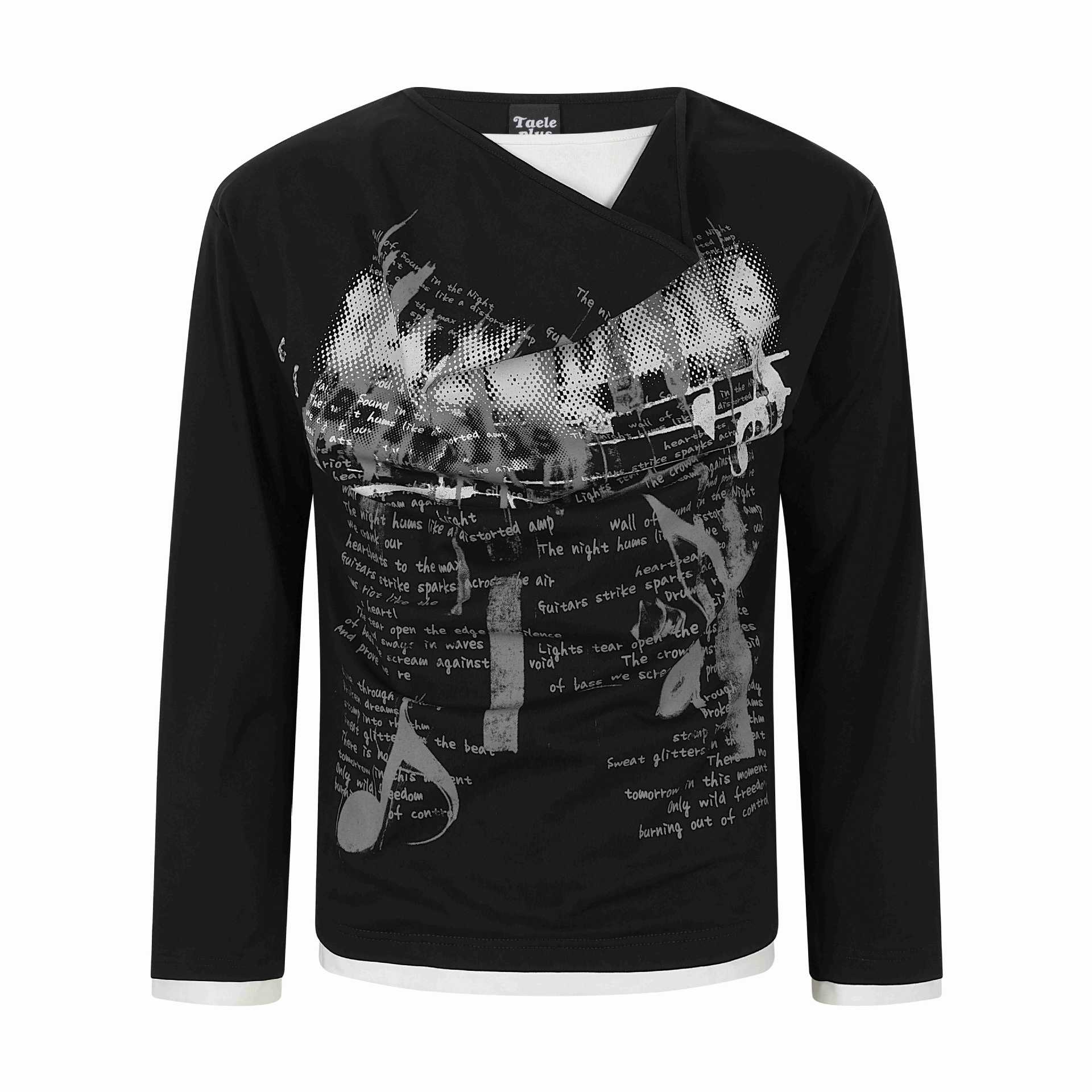 Print High Neck Mock Two-Piece Long Sleeve T-Shirt Men American Street Style Fashion