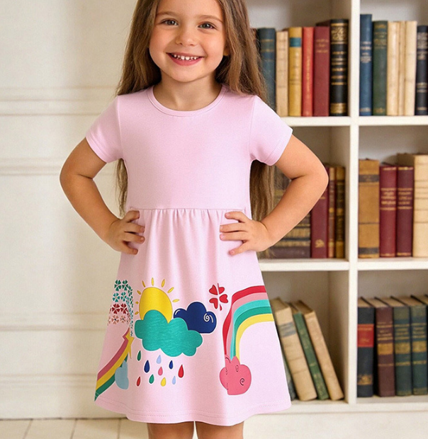 Cartoon printed short sleeved girls' dress