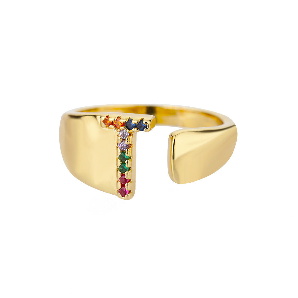 18K Gold Plated Micro Pave Colorful Zircon Letter Ring with 26 Letters Open Design