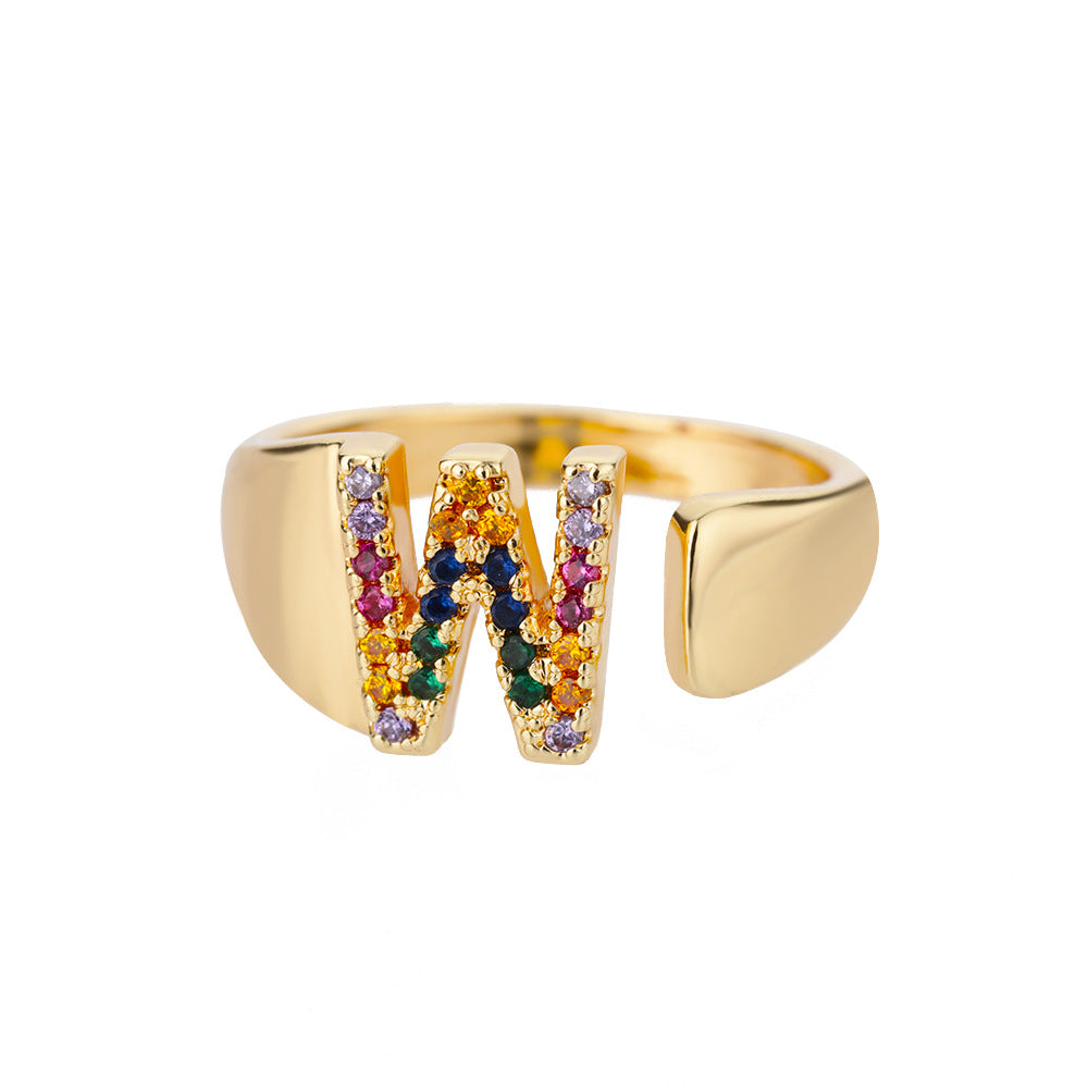 18K Gold Plated Micro Pave Colorful Zircon Letter Ring with 26 Letters Open Design