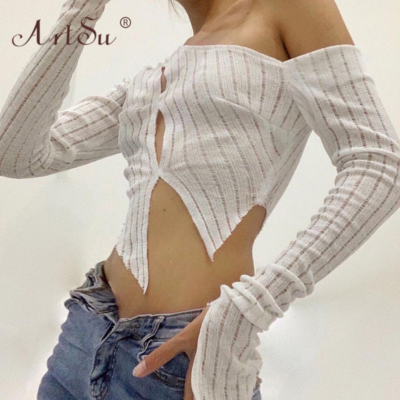 Open-Knit Button-Up Crop Top
