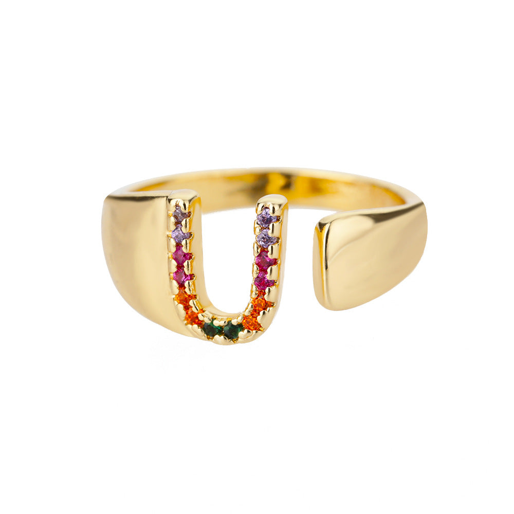 18K Gold Plated Micro Pave Colorful Zircon Letter Ring with 26 Letters Open Design