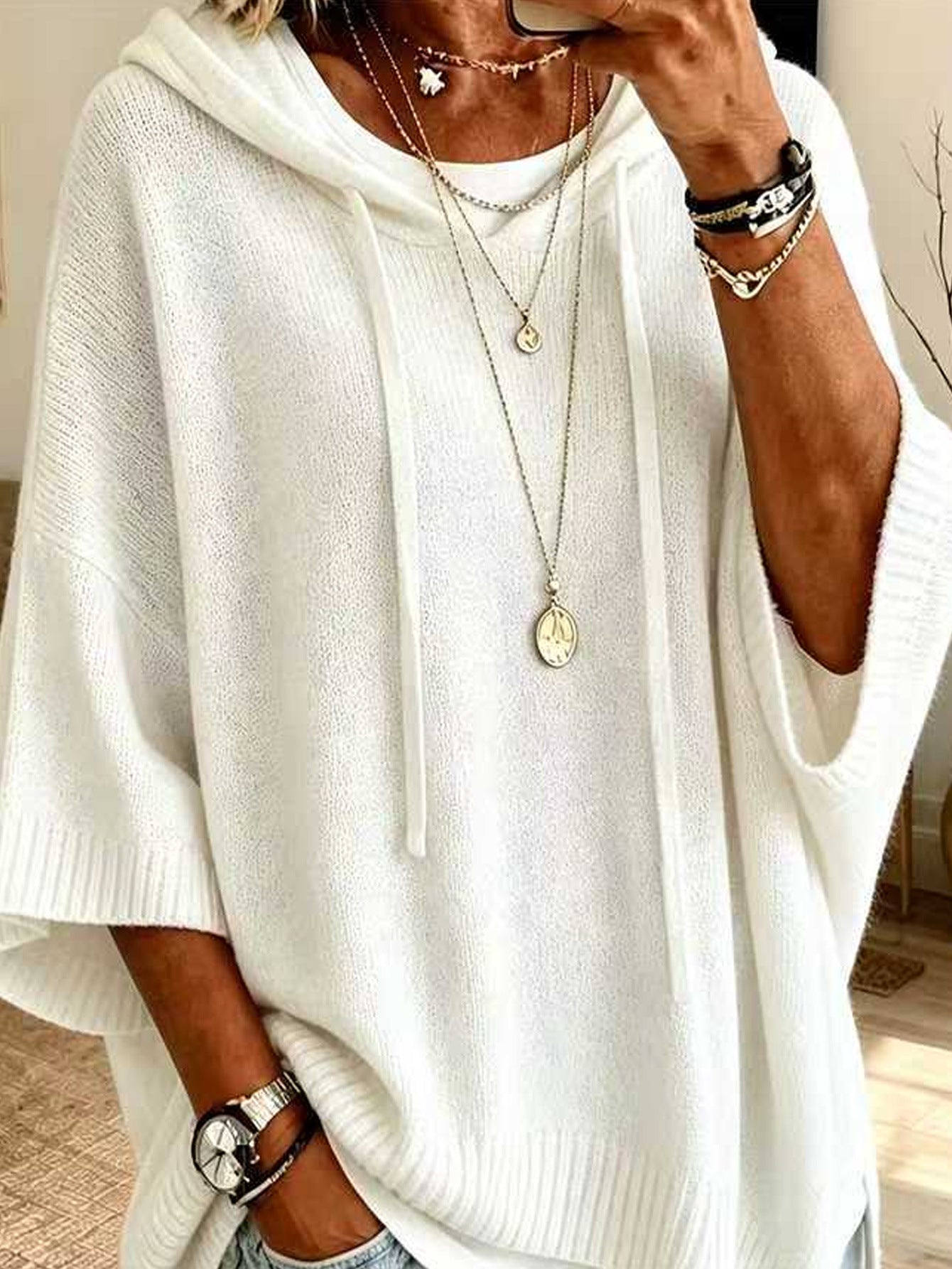 Women's Autumn/Winter New Style Casual Solid Color Hooded Knit Sweater Set