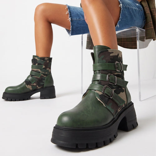 Camouflage Buckle Heeled Boots