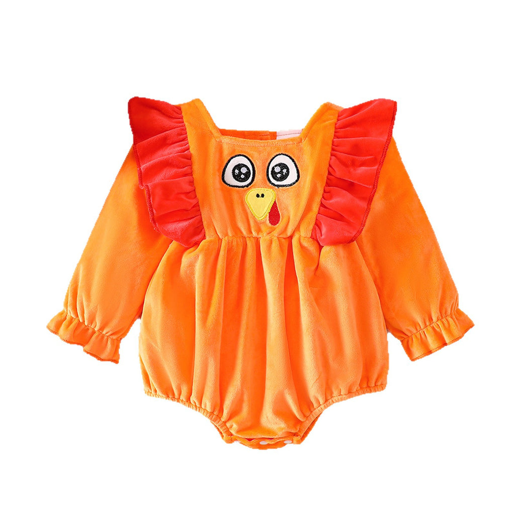 Thanksgiving Turkey Baby Romper Autumn Winter Velvet Long Sleeve Onesie for Girls Holiday Outfit