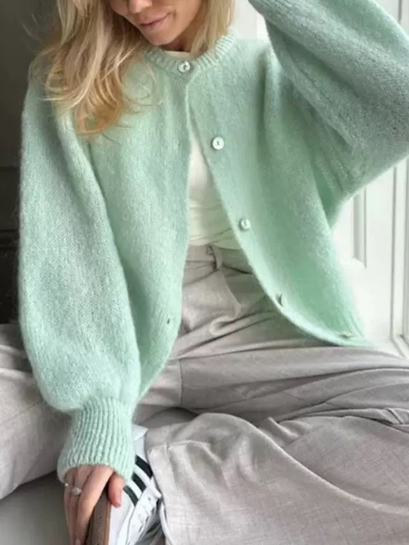 Soft Knit Cardigan for Women, Autumn/Winter, Cozy Woolen Crewneck, Loose Lazy Style, Solid Color, Short Sweater Coat
