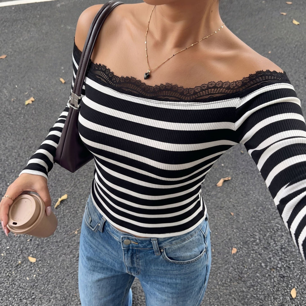 Off-Shoulder Striped Lace Top