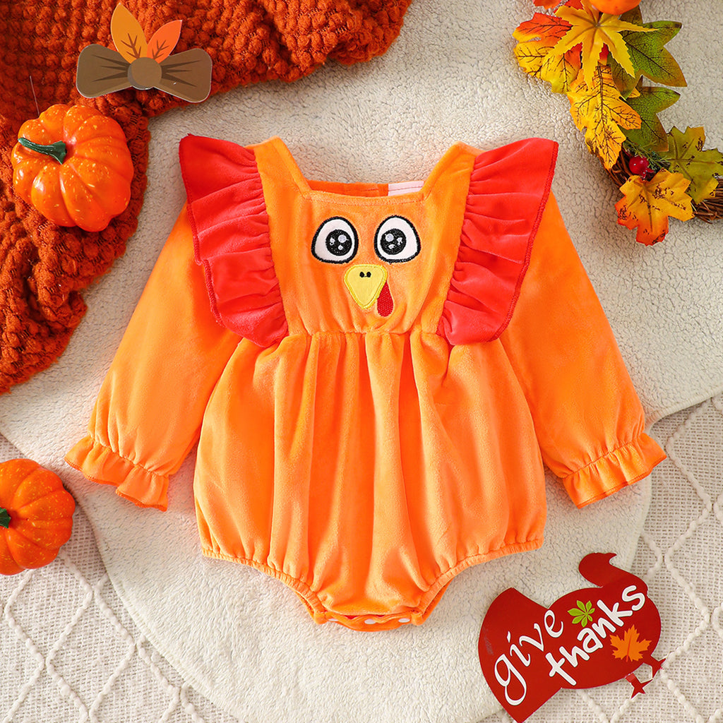 Thanksgiving Turkey Baby Romper Autumn Winter Velvet Long Sleeve Onesie for Girls Holiday Outfit