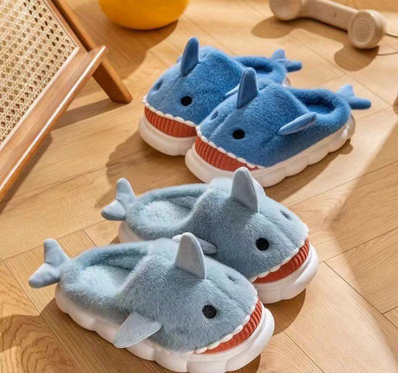 Cotton Slippers for Women Winter  Shark Cartoon Cute Fleece Lined Thick Anti-Slip Quiet Indoor Warm Cotton Shoes