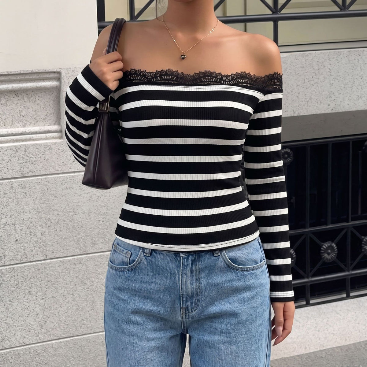 Off-Shoulder Striped Lace Top