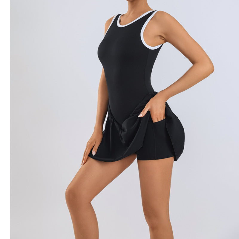 Women's Yoga Bodysuit Skirt with Built-in Bra, Leggings, Backless Design for Fitness, Golf, Tennis, and Sports Wear
