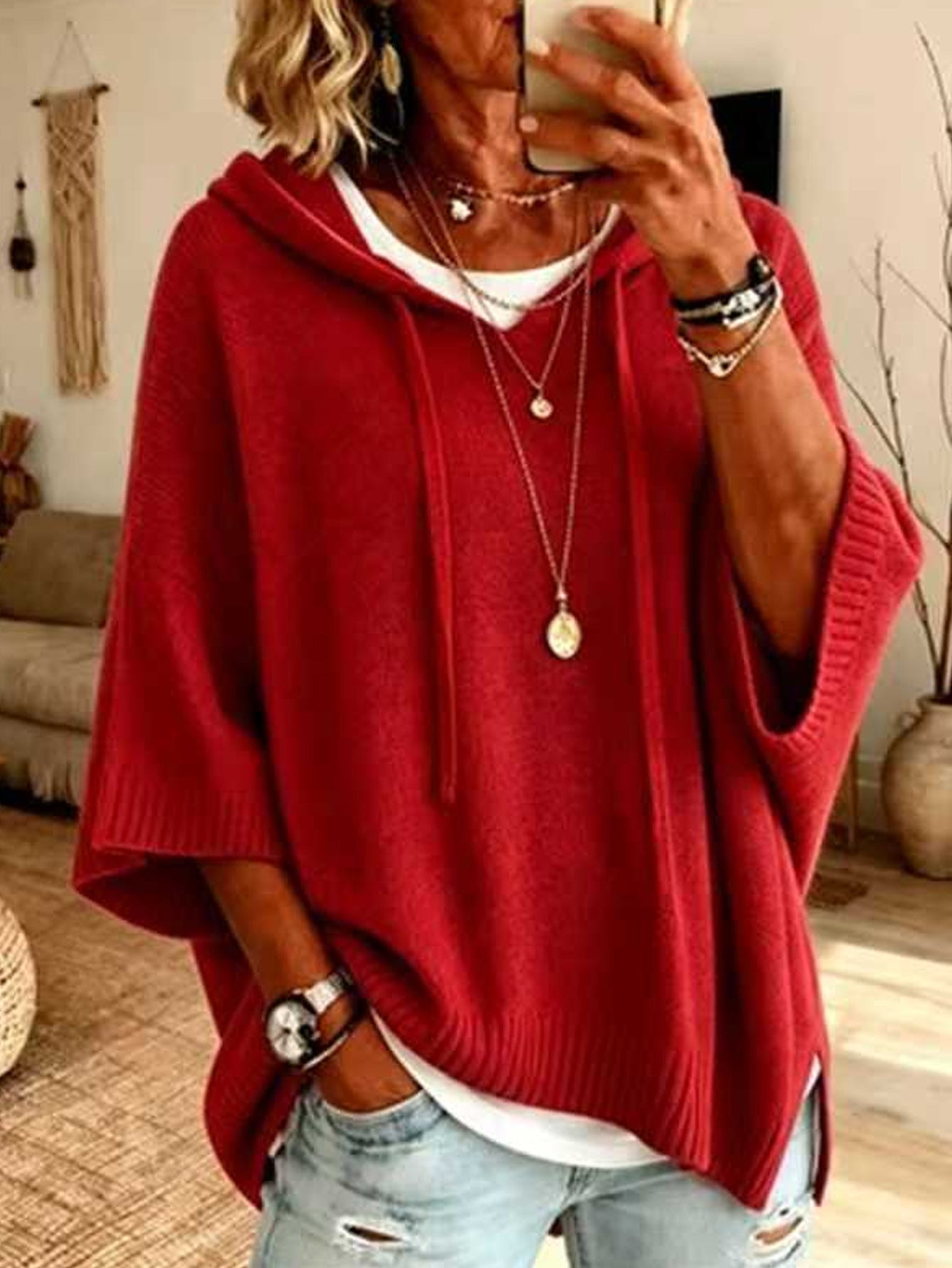 Women's Autumn/Winter New Style Casual Solid Color Hooded Knit Sweater Set