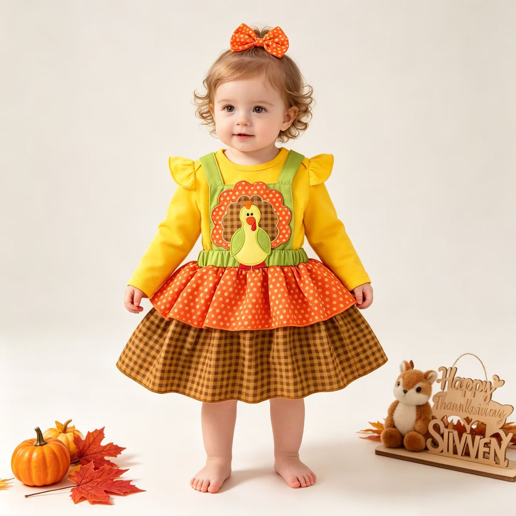 Girls' Holiday Outfit Set with Flutter Sleeve Romper Plaid Overalls Dress, Thanksgiving Children's Clothing Set