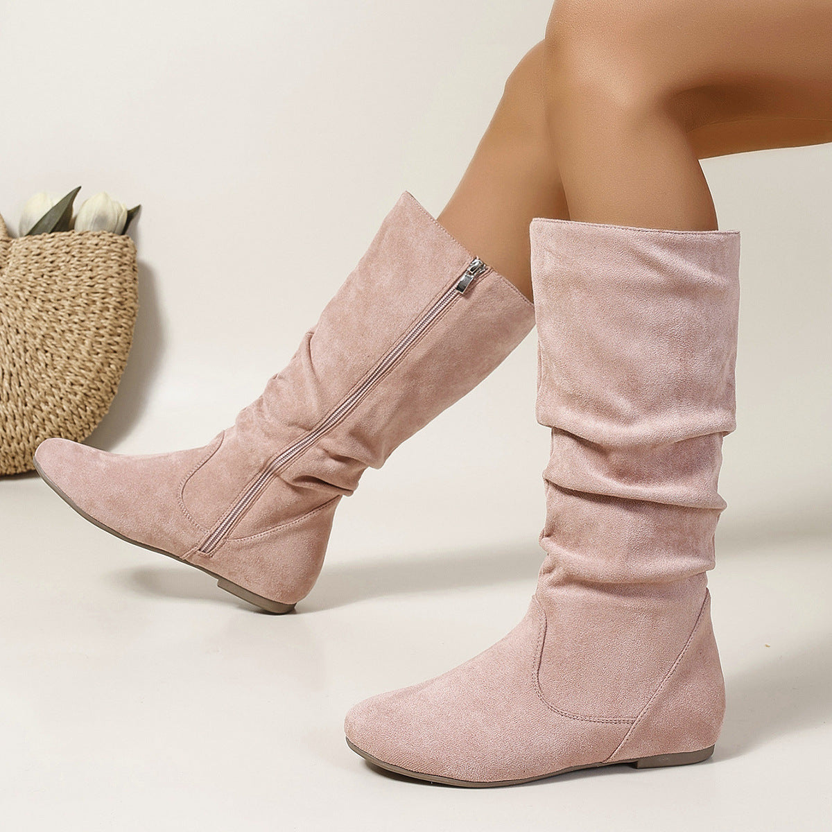 Casual Versatile Durable Comfortable Mid-Calf Boots Lightweight Pleated Side Zip Women's Leather Boots Flat Summer Boots