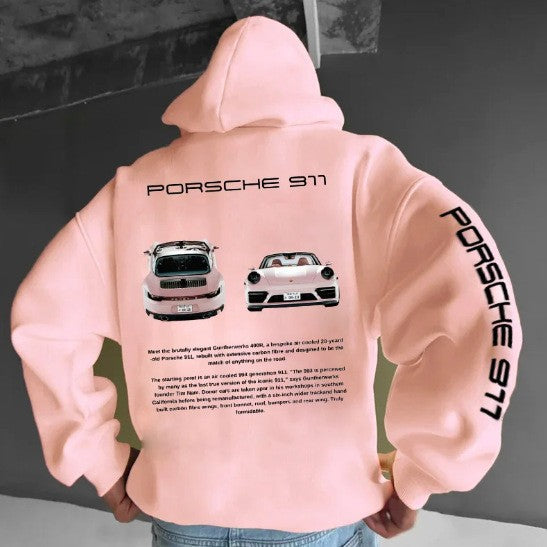 Casual Car Print Hoodie for Men with Heart Pattern, Trendy Hooded Sweatshirt
