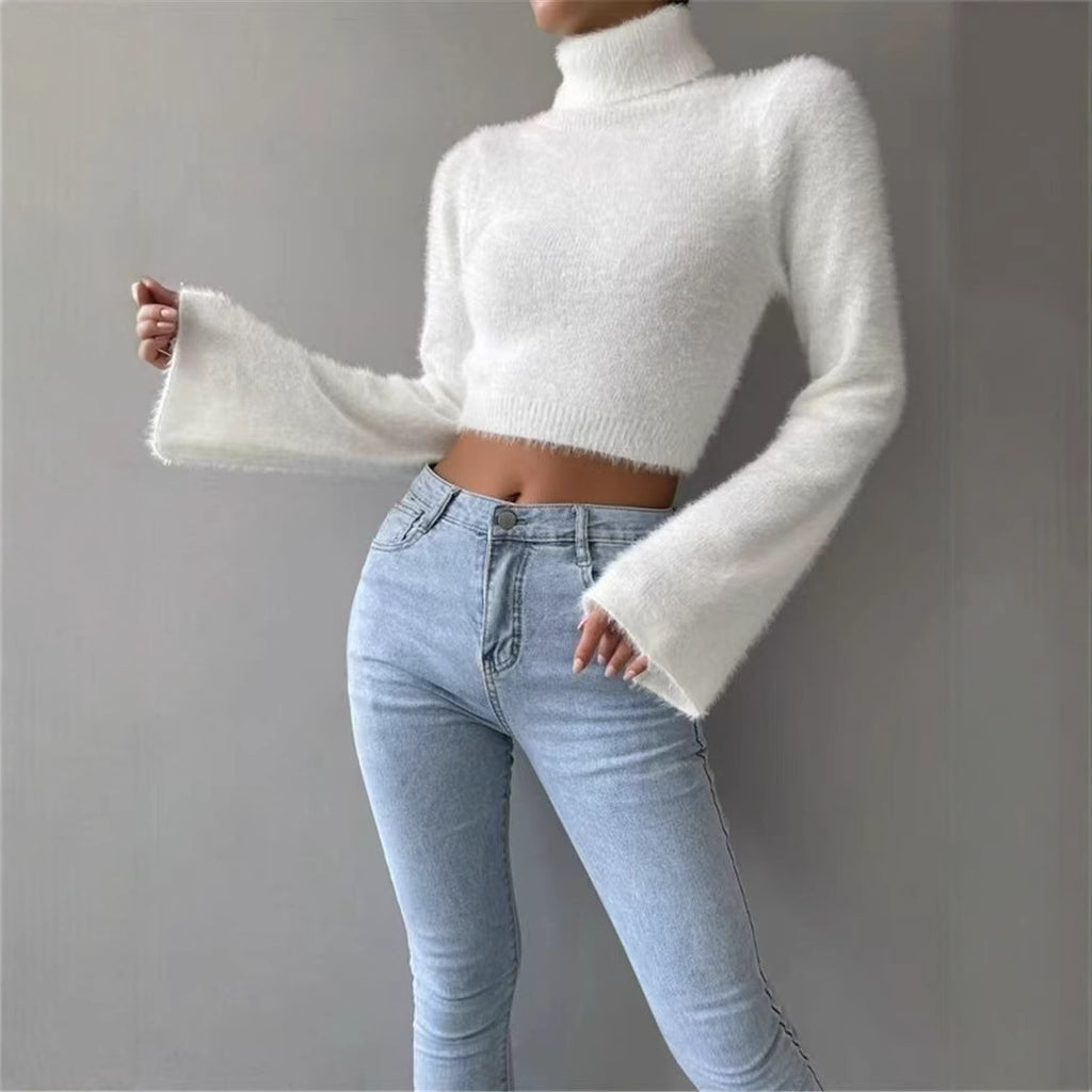 Fall Winter Women's Sweater High Neck Short Length Long Sleeve Solid Color Knit Crop Top