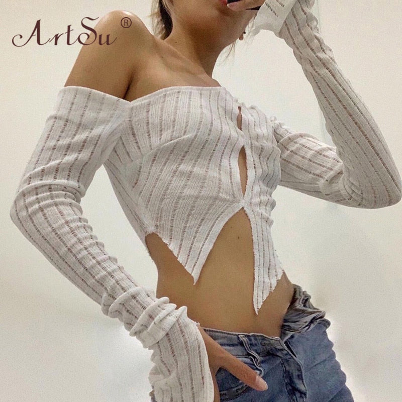 Open-Knit Button-Up Crop Top