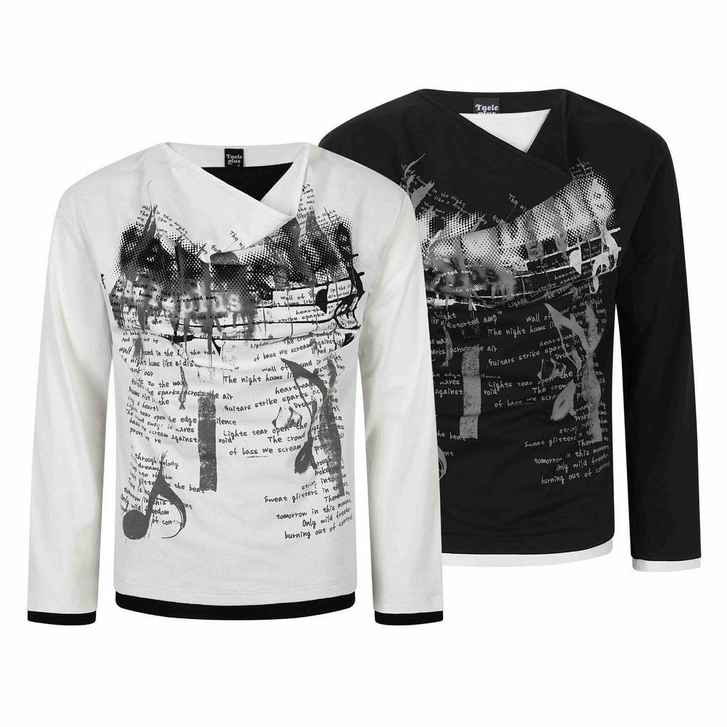 Print High Neck Mock Two-Piece Long Sleeve T-Shirt Men American Street Style Fashion