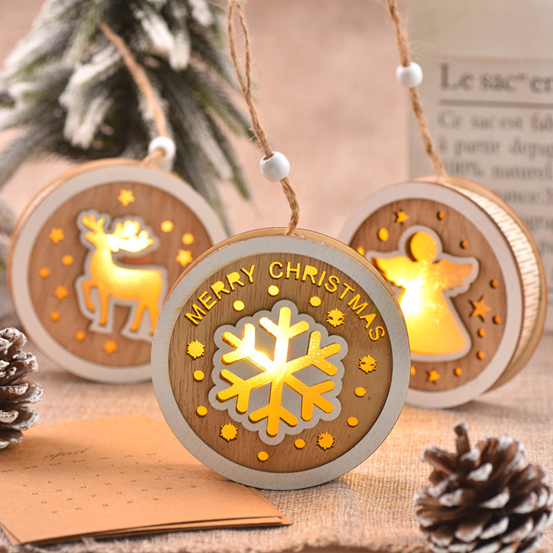 Christmas wooden painted Christmas circular light pendant creative hollow Christmas tree decoration with lights hanging
