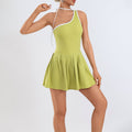 Sporty Yoga Jumpsuit for Women with Built-in Leggings, Irregular Color-block Design, Golf and Tennis Skirt, Pleated Style