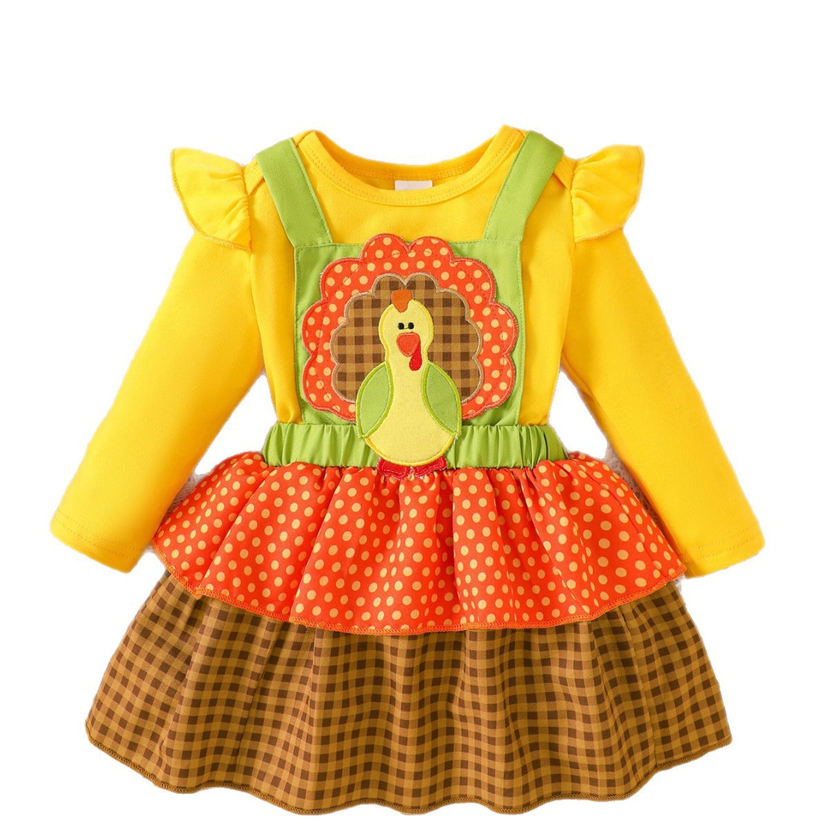 Girls' Holiday Outfit Set with Flutter Sleeve Romper Plaid Overalls Dress, Thanksgiving Children's Clothing Set