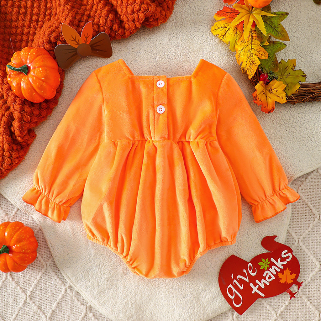 Thanksgiving Turkey Baby Romper Autumn Winter Velvet Long Sleeve Onesie for Girls Holiday Outfit