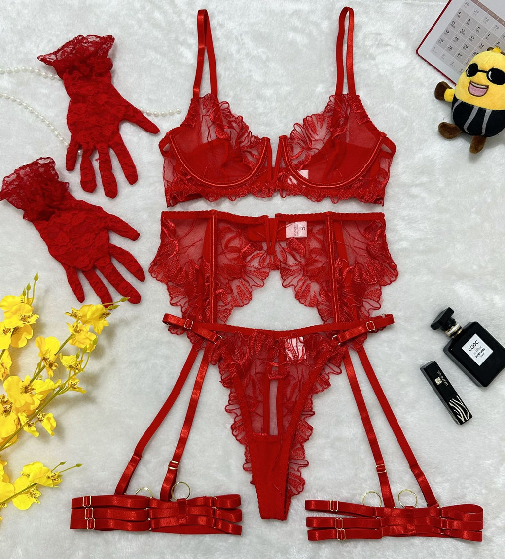 Lace Hollow Comfortable Sheer Sexy Lingerie Underwear Garter Belt Separated Five-Piece Set
